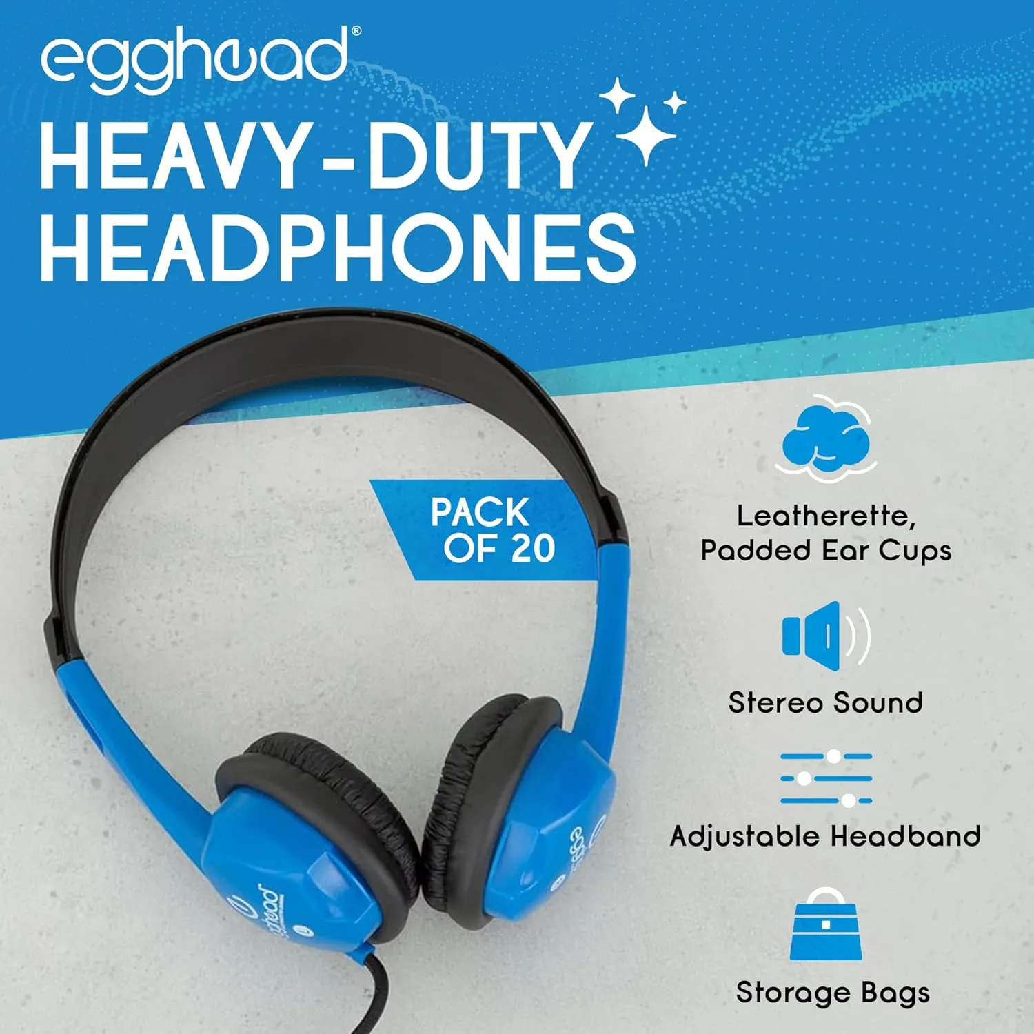 Egghead Heavy-Duty Kids' Stereo Headphones with Padded Ear Cups and 4' Cord, Adjustable Tangle-Free Stereo School Headphones, Pack of 20, Blue