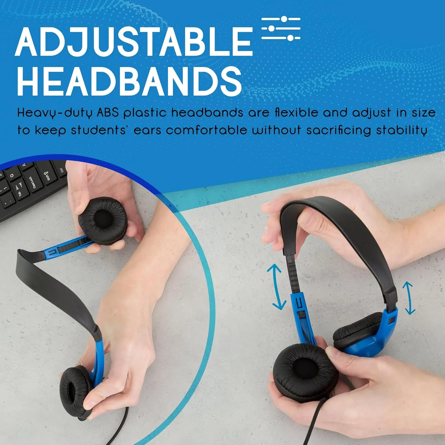 Egghead Heavy-Duty Kids' Stereo Headphones with Padded Ear Cups and 4' Cord, Adjustable Tangle-Free Stereo School Headphones, Pack of 20, Blue