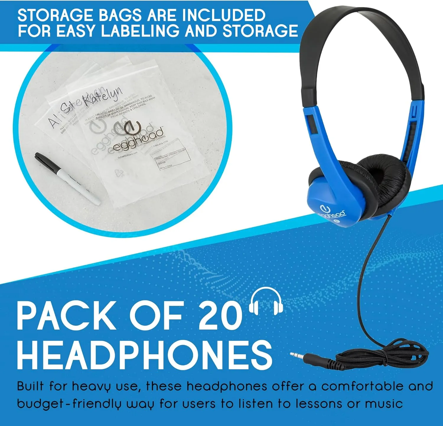 Egghead Heavy-Duty Kids' Stereo Headphones with Padded Ear Cups and 4' Cord, Adjustable Tangle-Free Stereo School Headphones, Pack of 20, Blue
