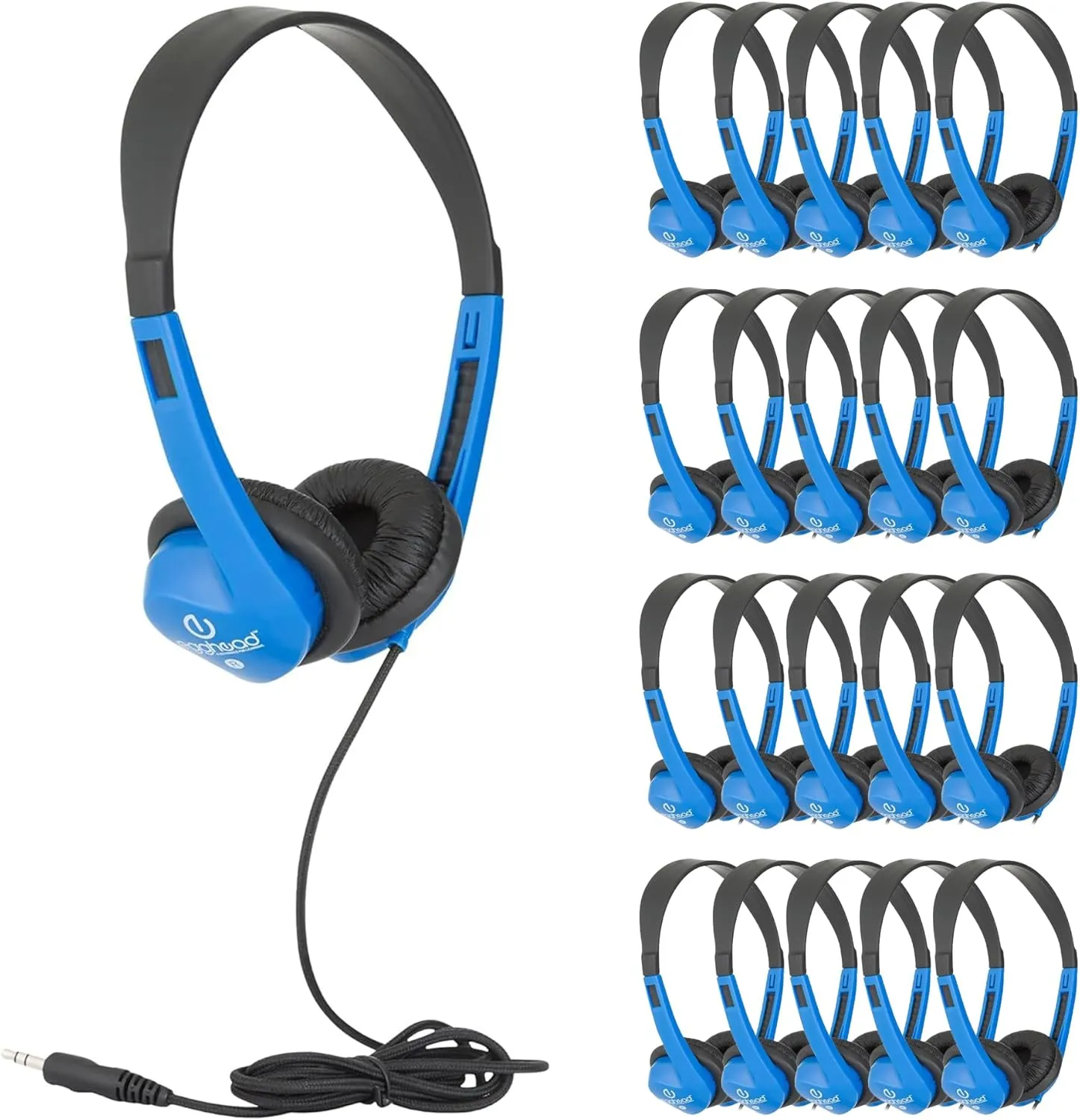 Egghead Heavy-Duty Kids' Stereo Headphones with Padded Ear Cups and 4' Cord, Adjustable Tangle-Free Stereo School Headphones, Pack of 20, Blue