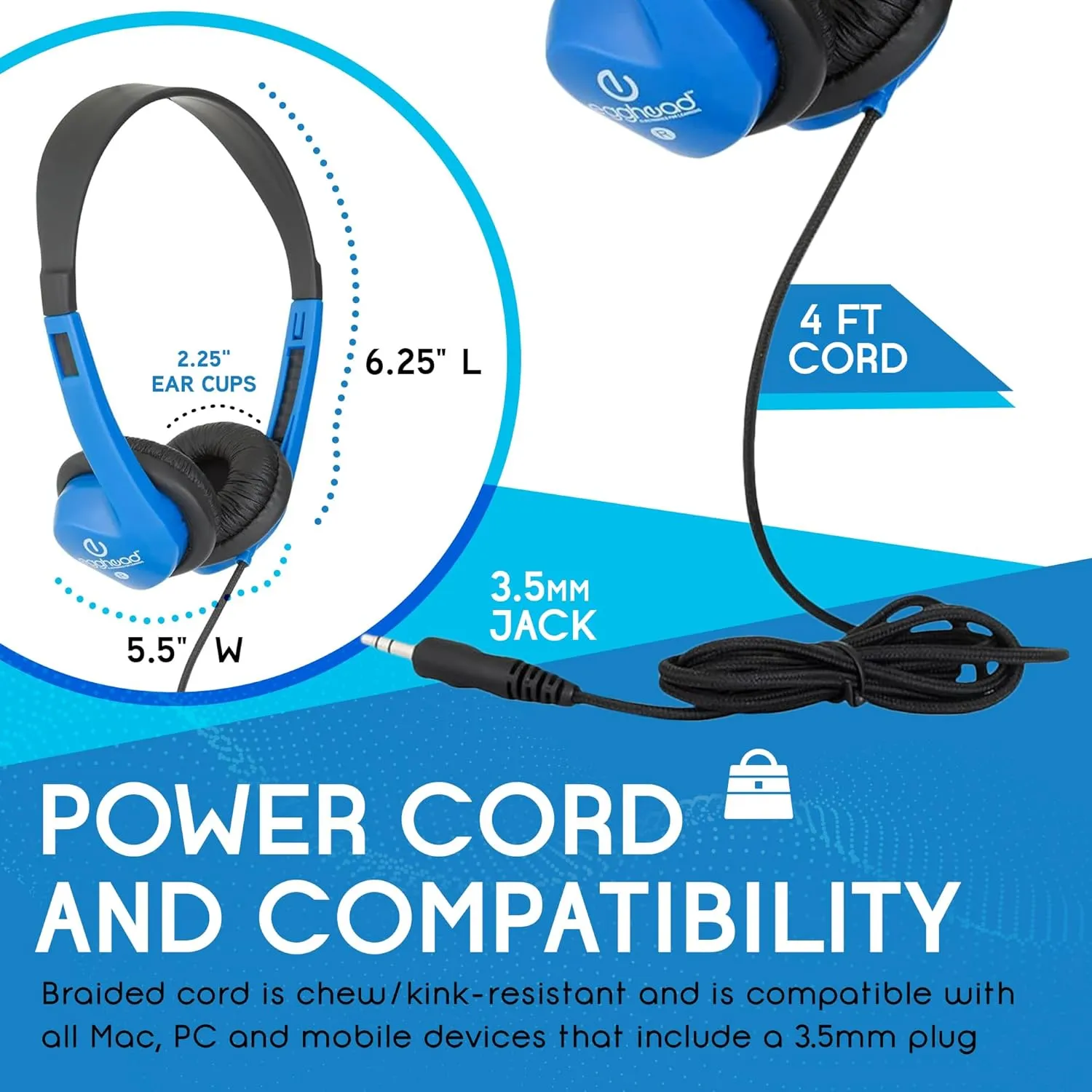 Egghead Heavy-Duty Kids' Stereo Headphones with Padded Ear Cups and 4' Cord, Adjustable Tangle-Free Stereo School Headphones, Pack of 20, Blue
