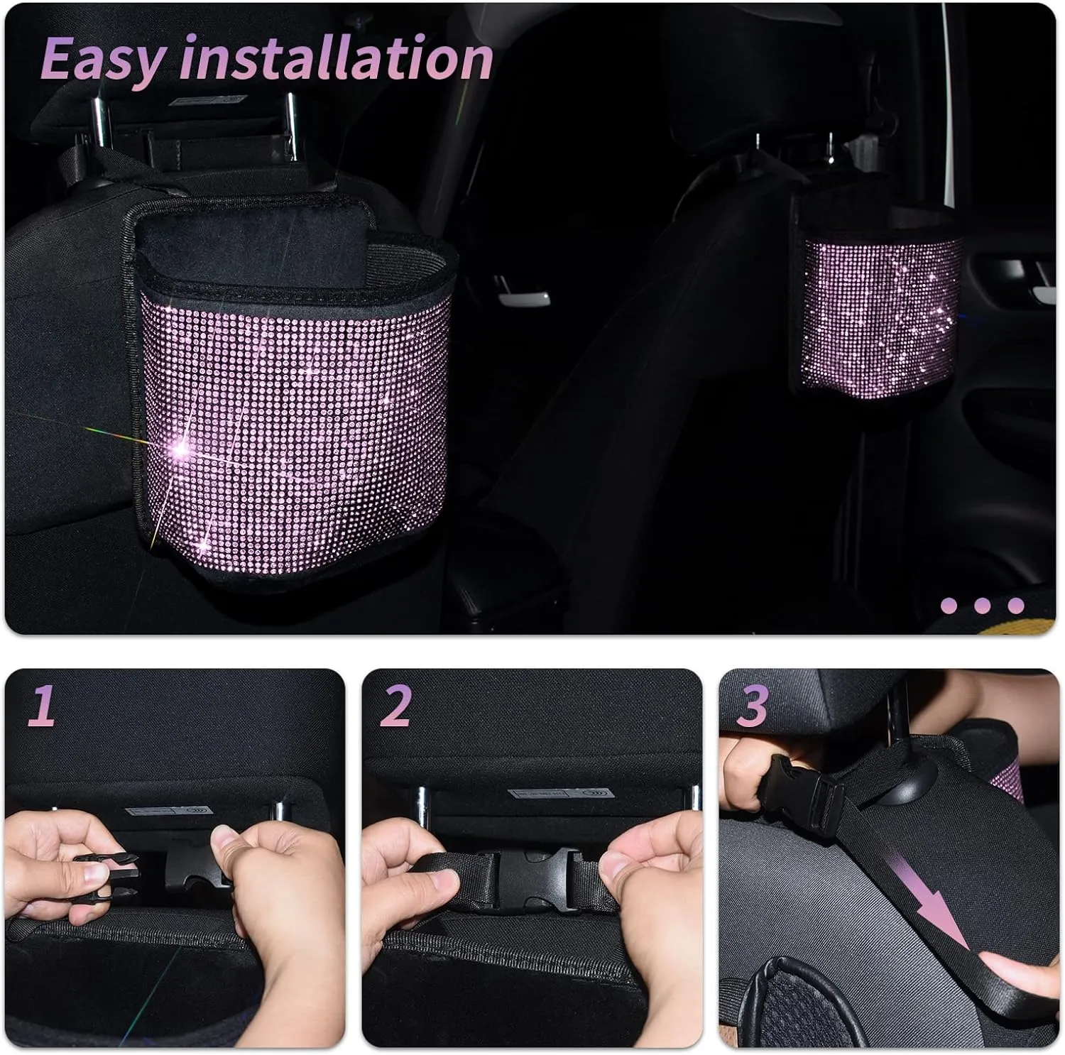 eing Car Seat Organizer Premium Seat Back/Front Seat Travel Caddy Bag, Bling Crystal Car Front Seat Organizer, Pratical Car Garbage Pocket Bin, Diamond Car Accessory (1 - Pack,Pink)