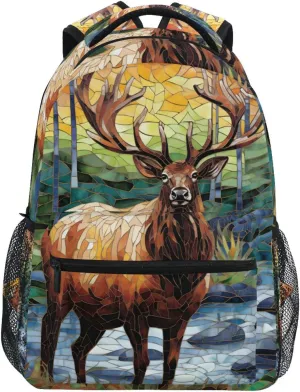 Elk Mosaic Forest Brown Backpack Daypack Shoulder Bag Book Bag Lightweight Back Pack 11.4 ×16 In