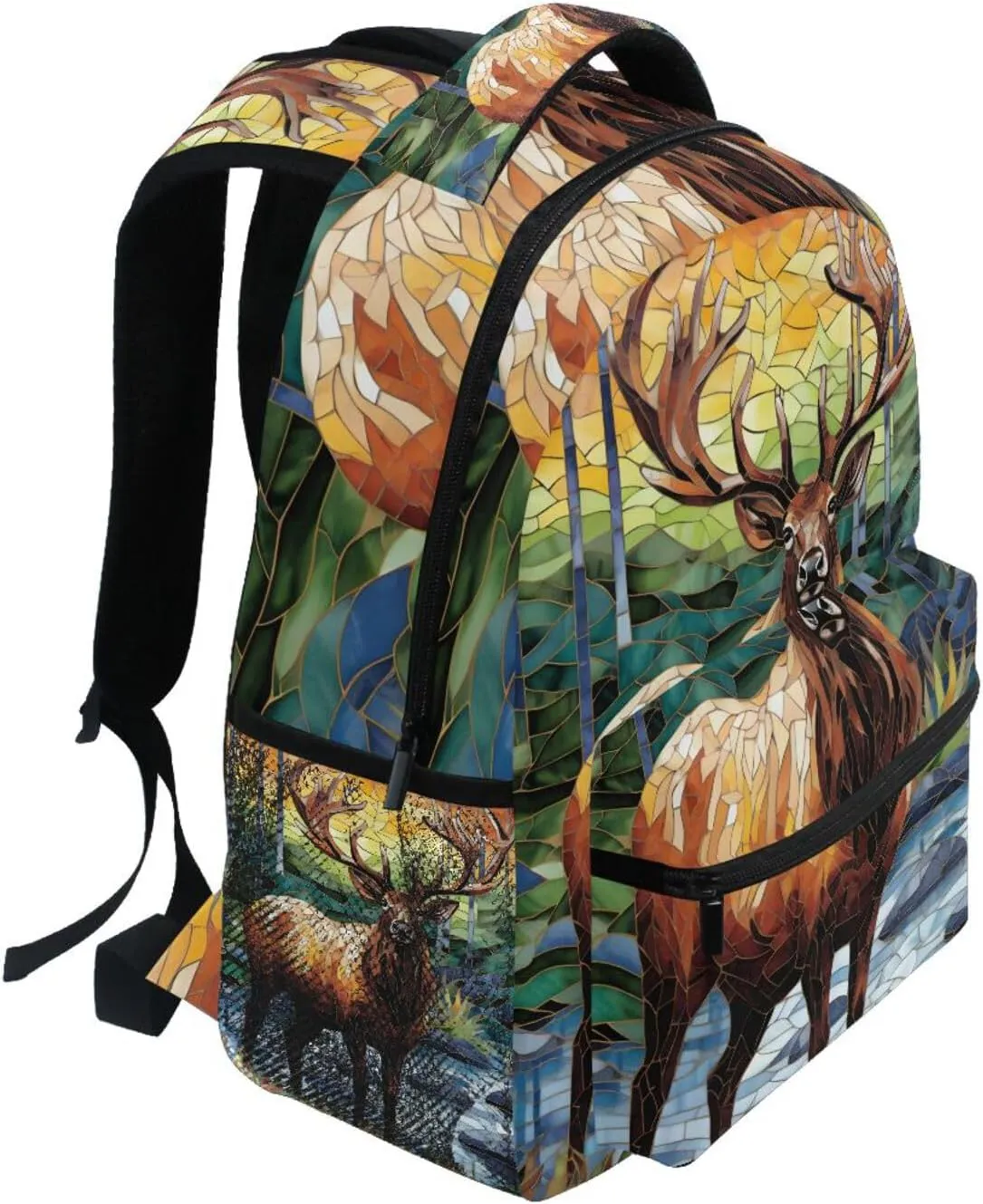 Elk Mosaic Forest Brown Backpack Daypack Shoulder Bag Book Bag Lightweight Back Pack 11.4 ×16 In