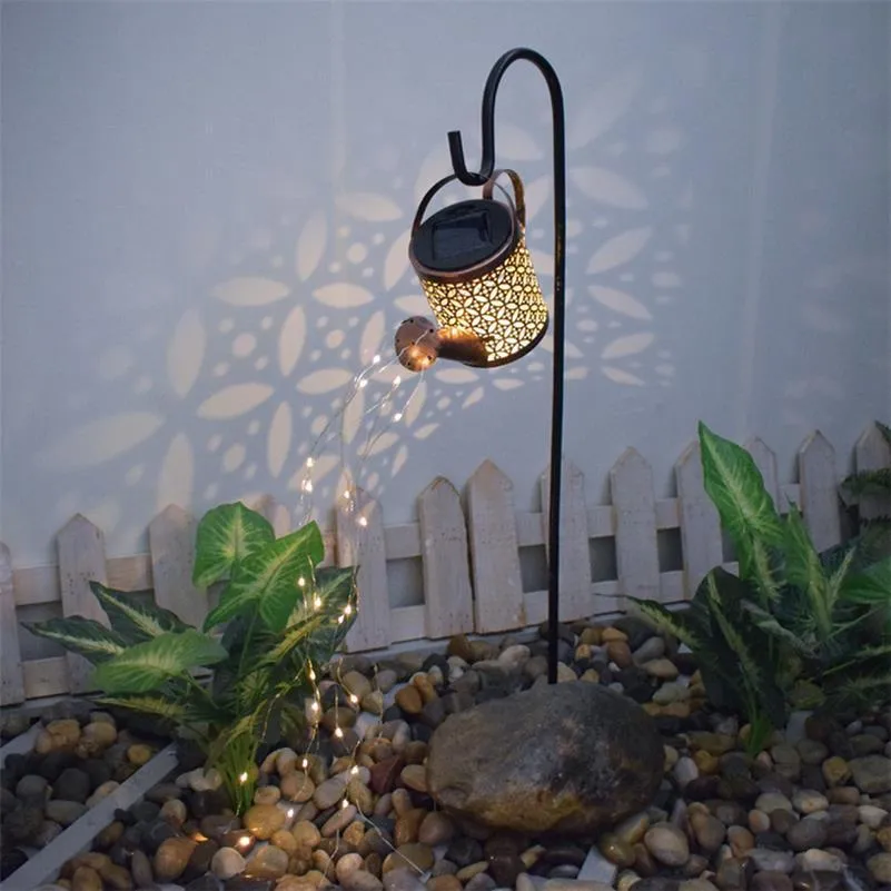 Enchanted Watering Can Outdoor Solar Watering Can Ornament Lamp Garden Art Light Decoration Hollow-out Iron Shower LED Lights