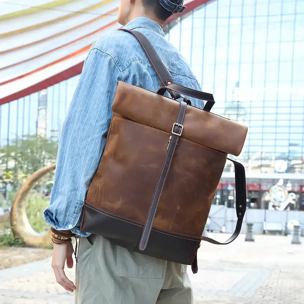 Expandable Genuine Leather Men's Backpack