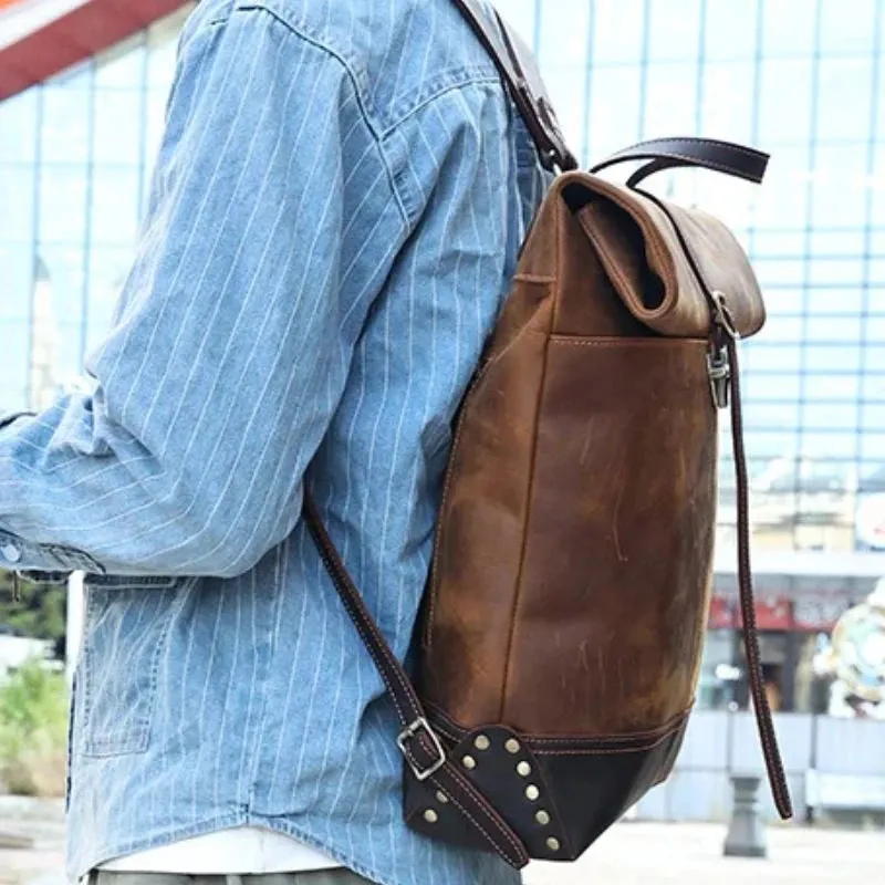 Expandable Genuine Leather Men's Backpack