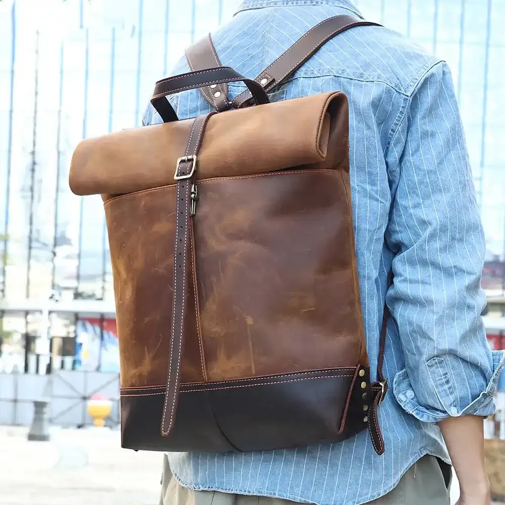 Expandable Genuine Leather Men's Backpack