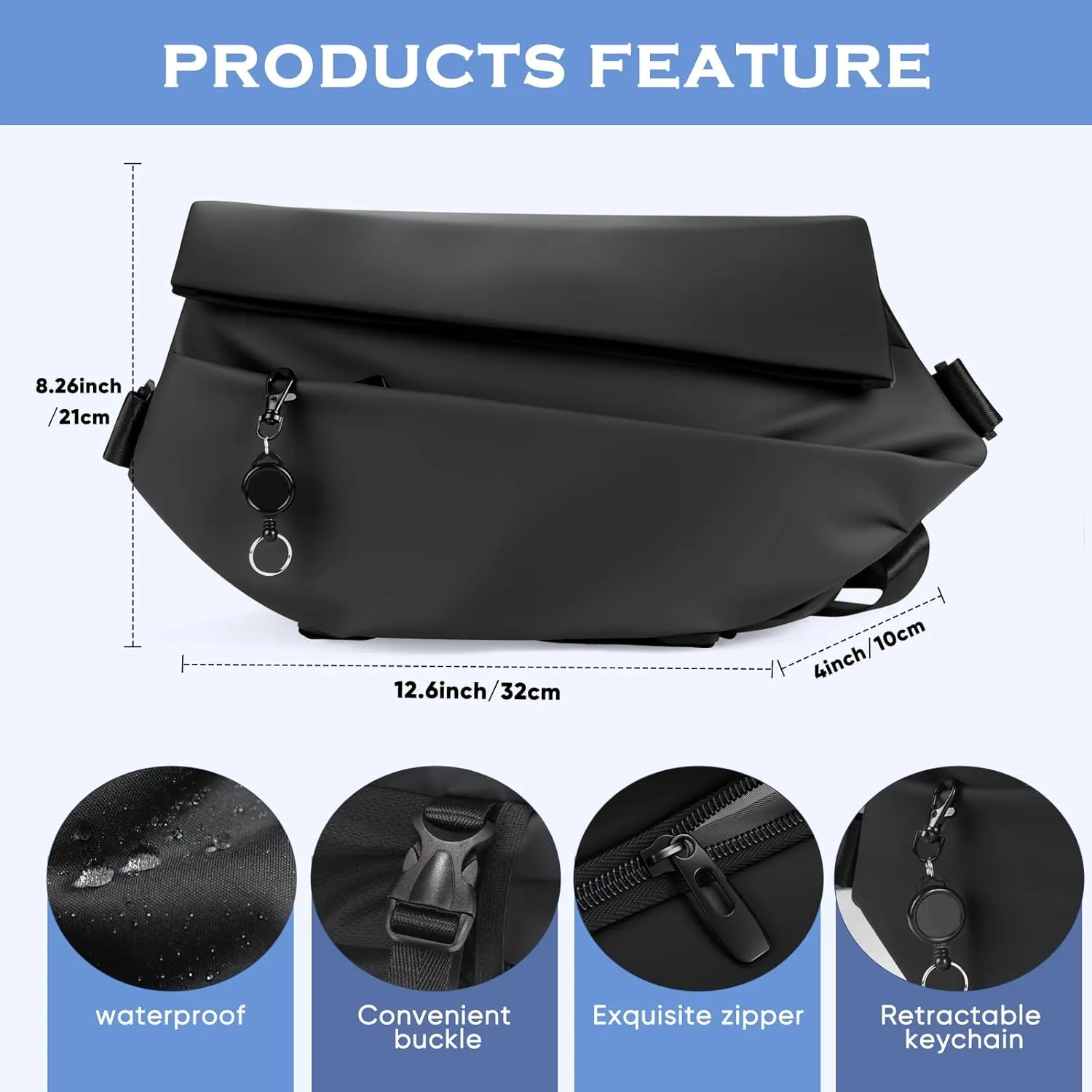 Expandable Waterproof Sling Bag for Women and Men - Large Capacity Crossbody Backpack with Magnetic Buckle Ideal for Travel, Biking, Walking, Commuting and Everyday Use (Black)