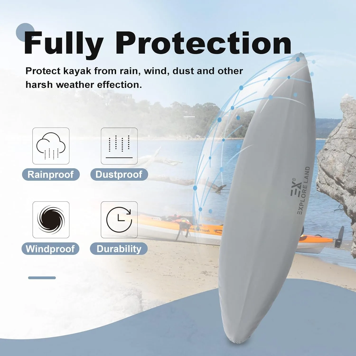 Explore Land Waterproof Kayak Cover - Fade Resistiant 600D Heavy Duty Canoe Dust Storage Cover Suitable for 9.3-10.5ft Kayak, Grey