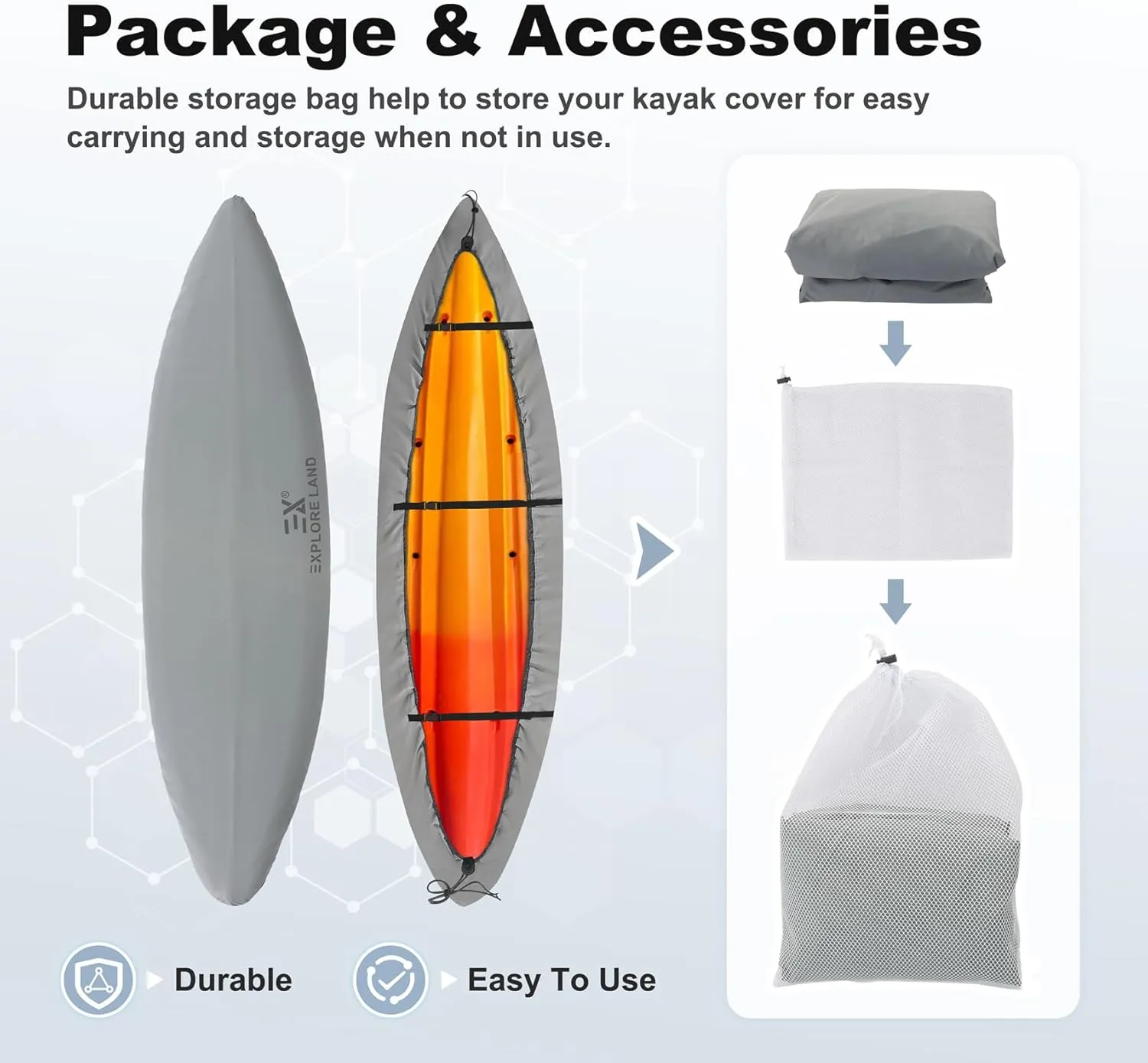 Explore Land Waterproof Kayak Cover - Fade Resistiant 600D Heavy Duty Canoe Dust Storage Cover Suitable for 9.3-10.5ft Kayak, Grey