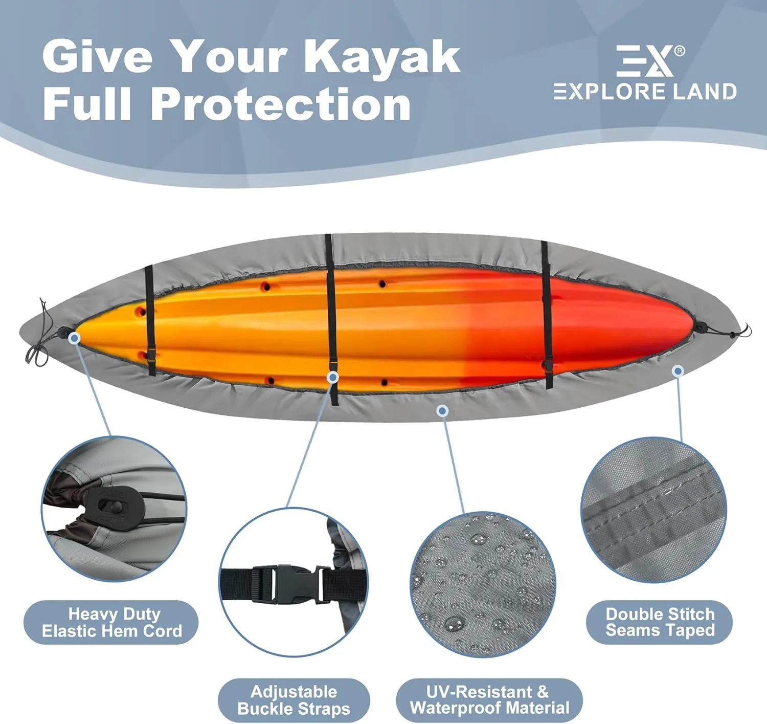 Explore Land Waterproof Kayak Cover - Fade Resistiant 600D Heavy Duty Canoe Dust Storage Cover Suitable for 9.3-10.5ft Kayak, Grey