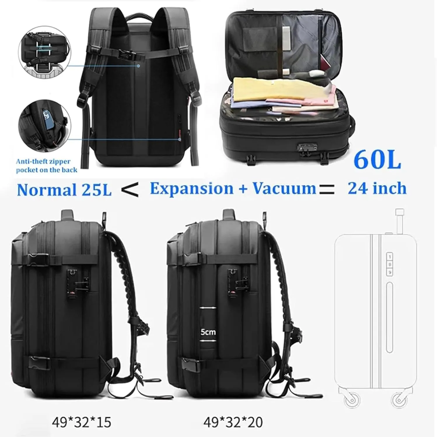 Ezyvac Backpack, Ezyvac Travel Backpack Expandable, Multifunctional Large Capacity Pack with USB Charging Port (black)
