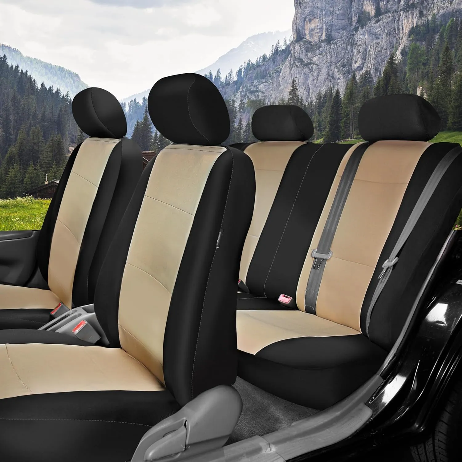 FH Group Three-Row 7 Seater Neoprene Waterproof Car Full Set Car Seat Covers, Airbag Ready and Split - Fit Most Car, Truck, SUV, & Van (Beige/Black)