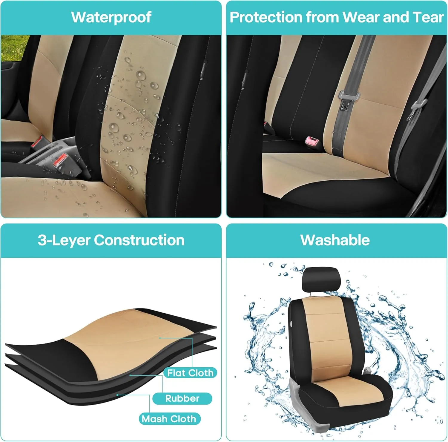 FH Group Three-Row 7 Seater Neoprene Waterproof Car Full Set Car Seat Covers, Airbag Ready and Split - Fit Most Car, Truck, SUV, & Van (Beige/Black)