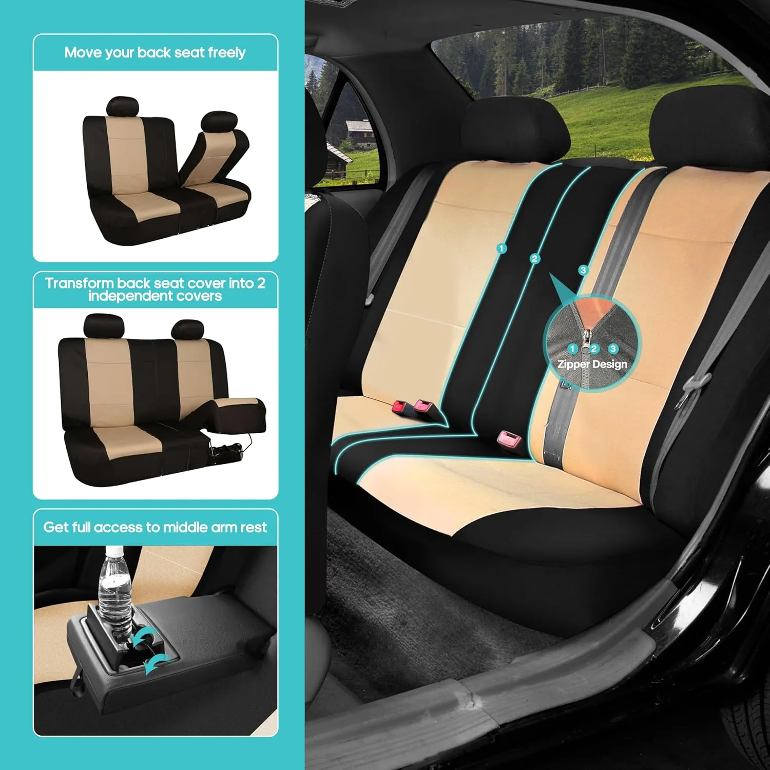 FH Group Three-Row 7 Seater Neoprene Waterproof Car Full Set Car Seat Covers, Airbag Ready and Split - Fit Most Car, Truck, SUV, & Van (Beige/Black)