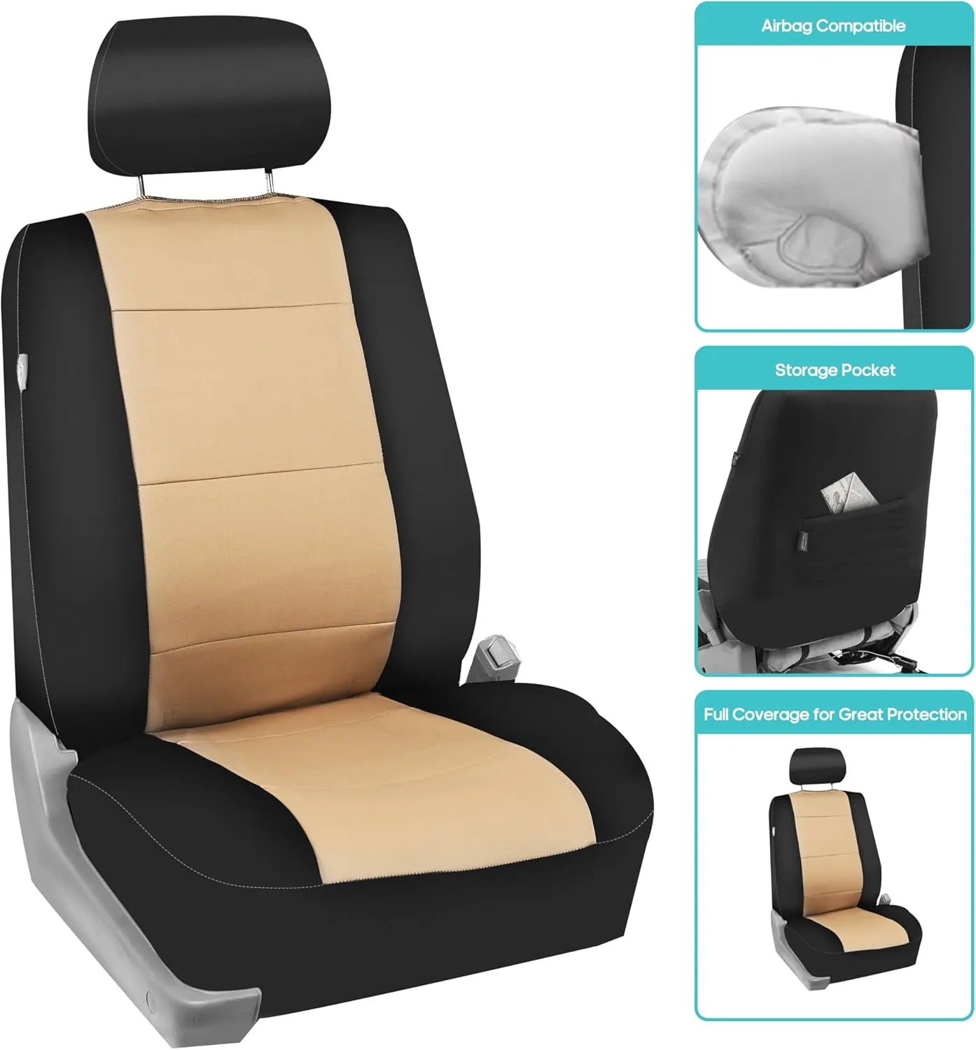 FH Group Three-Row 7 Seater Neoprene Waterproof Car Full Set Car Seat Covers, Airbag Ready and Split - Fit Most Car, Truck, SUV, & Van (Beige/Black)