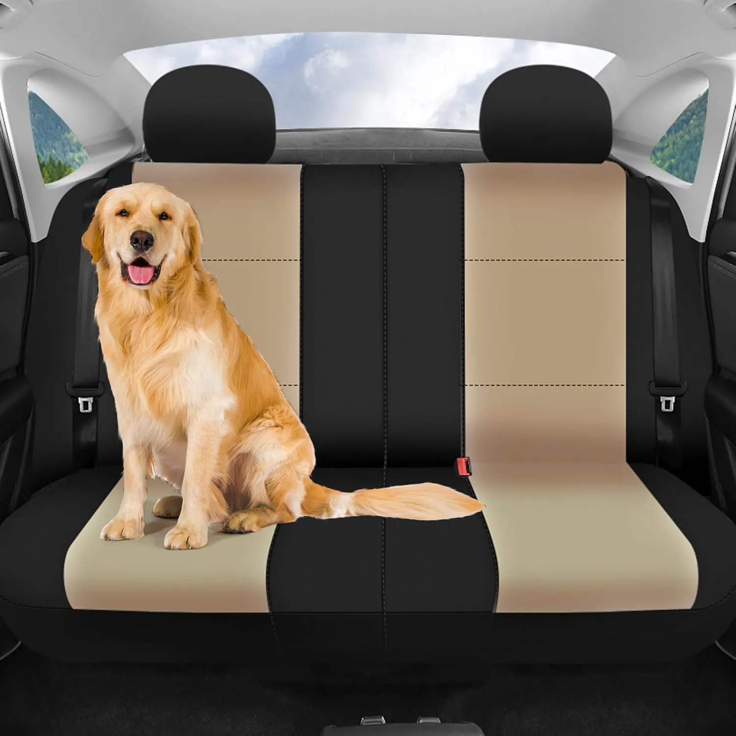FH Group Three-Row 7 Seater Neoprene Waterproof Car Full Set Car Seat Covers, Airbag Ready and Split - Fit Most Car, Truck, SUV, & Van (Beige/Black)