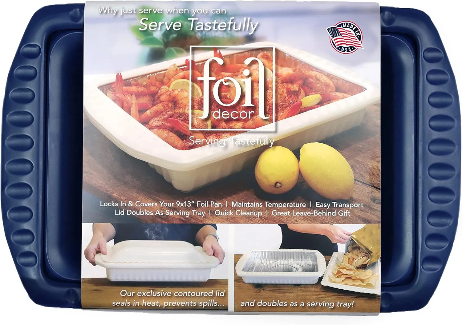 Foil Pan Holder with Lid, Casserole Style Foil Pan Carrier w/ Heat-Resistant Handles, Includes 1pc - 9x13x2 Aluminum Foil Pan – Ideal Serving Dishes for Travel, Potlucks & Picnics – Made in USA - Navy