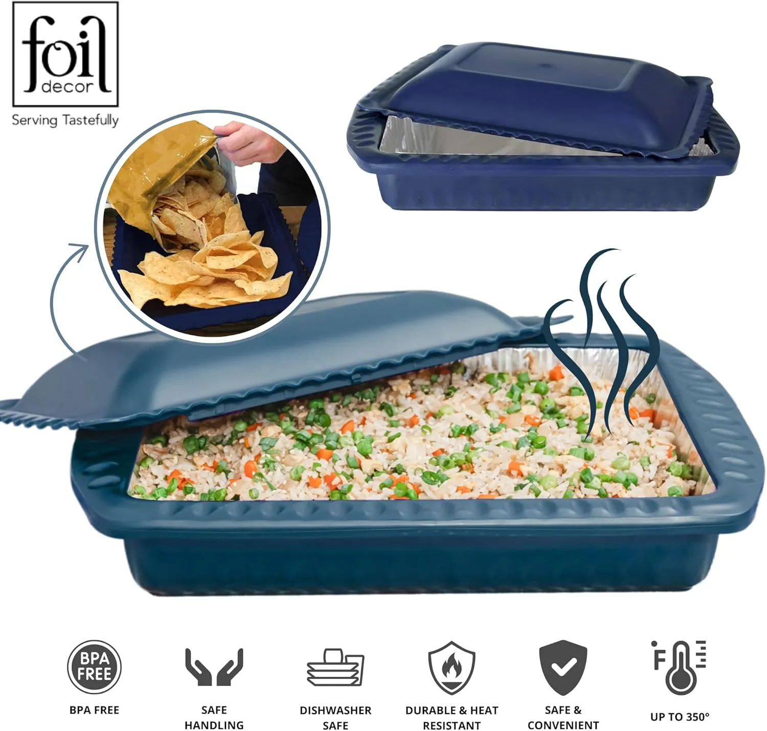 Foil Pan Holder with Lid, Casserole Style Foil Pan Carrier w/ Heat-Resistant Handles, Includes 1pc - 9x13x2 Aluminum Foil Pan – Ideal Serving Dishes for Travel, Potlucks & Picnics – Made in USA - Navy