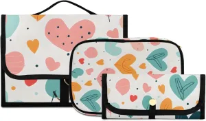 Foldable Hanging Travel Toiletry Organizer Set 3-Piece with Cosmetic Bag & Brush Holder - Cute Illustration Heart