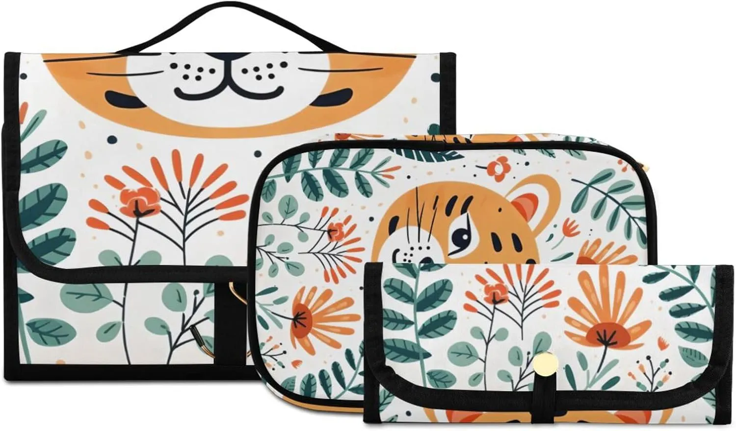 Foldable Hanging Travel Toiletry Organizer Set 3-Piece with Cosmetic Bag & Brush Holder - Cute Tiger (7)
