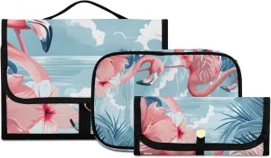 Foldable Hanging Travel Toiletry Organizer Set 3-Piece with Cosmetic Bag & Brush Holder - Flamingo (5)