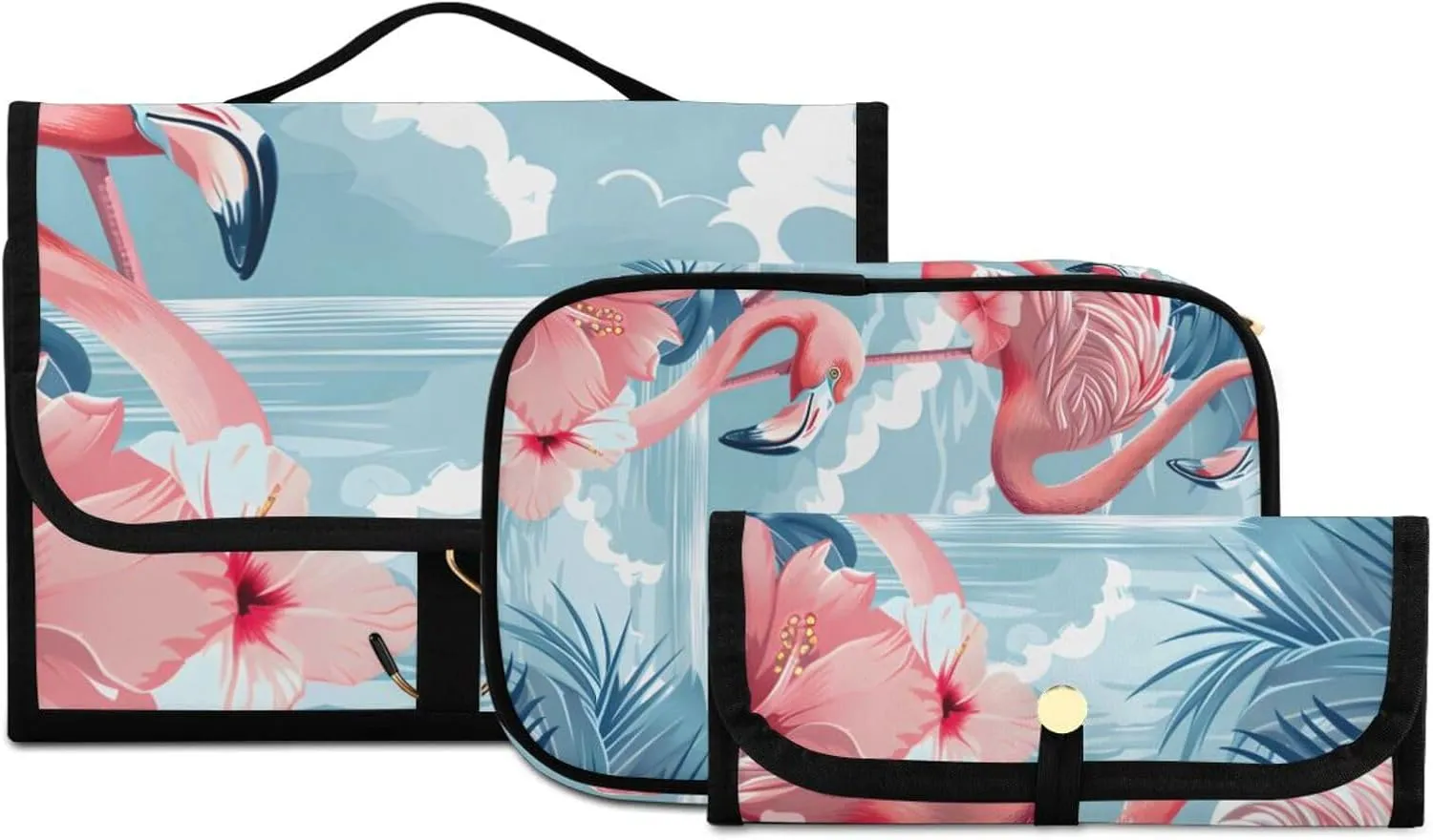Foldable Hanging Travel Toiletry Organizer Set 3-Piece with Cosmetic Bag & Brush Holder - Flamingo (5)