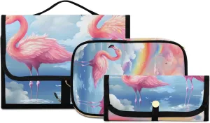 Foldable Hanging Travel Toiletry Organizer Set 3-Piece with Cosmetic Bag & Brush Holder - Flamingo Cloud Rainbow