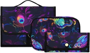 Foldable Hanging Travel Toiletry Organizer Set 3-Piece with Cosmetic Bag & Brush Holder - Peacock (14)