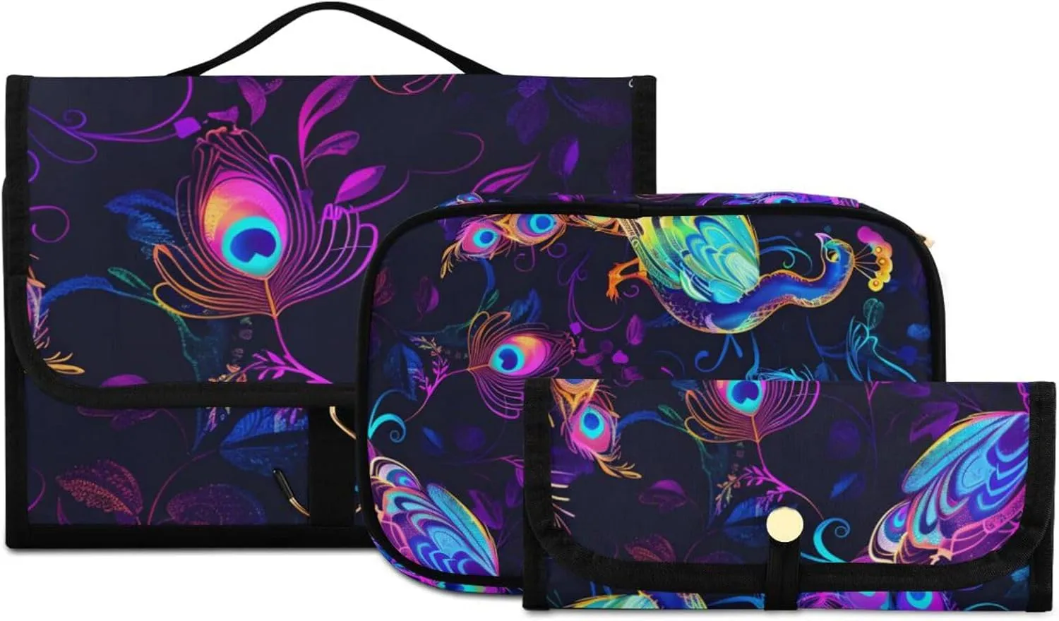 Foldable Hanging Travel Toiletry Organizer Set 3-Piece with Cosmetic Bag & Brush Holder - Peacock (14)