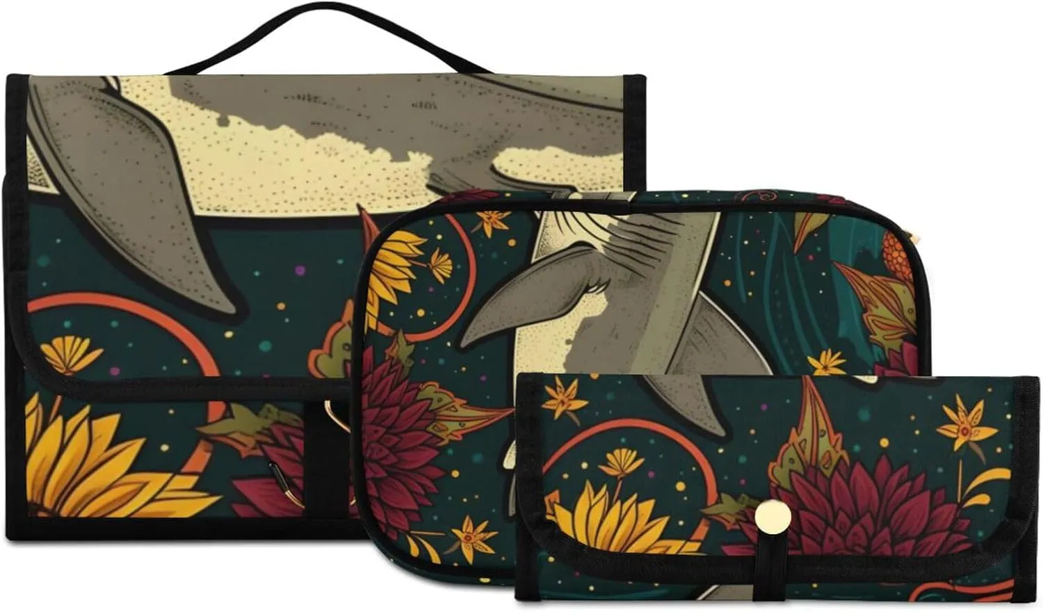 Foldable Hanging Travel Toiletry Organizer Set 3-Piece with Cosmetic Bag & Brush Holder - Shark (22)