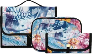 Foldable Hanging Travel Toiletry Organizer Set 3-Piece with Cosmetic Bag & Brush Holder - Skull (2)