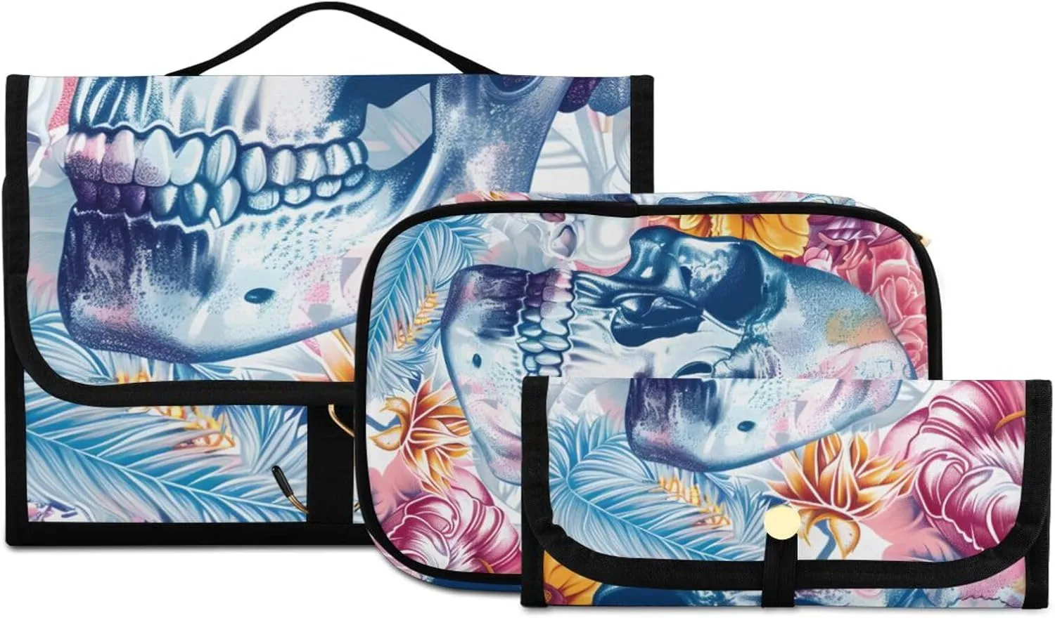 Foldable Hanging Travel Toiletry Organizer Set 3-Piece with Cosmetic Bag & Brush Holder - Skull (2)