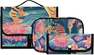 Foldable Hanging Travel Toiletry Organizer Set 3-Piece with Cosmetic Bag & Brush Holder - Tiger (9)