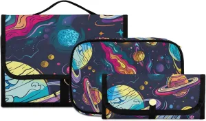 Foldable Hanging Travel Toiletry Organizer Set 3-Piece with Cosmetic Bag & Brush Holder - Universe Starry Sky Rocket (5)