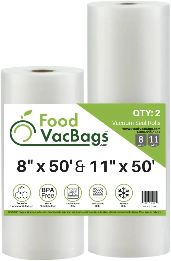 Foodsaver Compatible 50' Vacuum Food Storage Bag Rolls | Heavy Commercial Grade | One 8" X 50' and One 11" X 50' | Storage or Sous Vide
