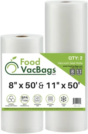 Foodsaver Compatible 50' Vacuum Food Storage Bag Rolls | Heavy Commercial Grade | One 8" X 50' and One 11" X 50' | Storage or Sous Vide