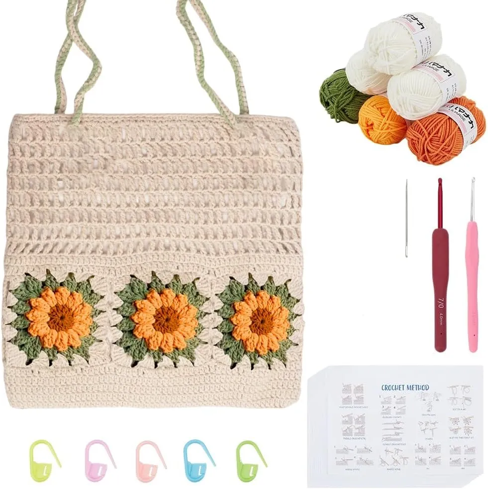 FREEBLOSS Crochet Sunflower Bag kit for Beginners with Step-by-Step Video Tutorials Crocheting Knitted Bag Set for Adults Knitting Kit Crochet Starter Kit for Knitting Enthusiast