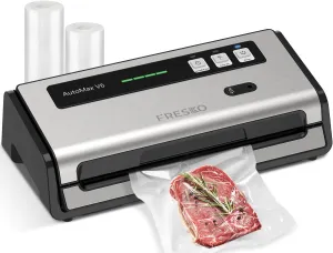 FRESKO Automatic Food Vacuum Sealer, Double Heat Seal, Auto Dry-Wet Detection | Bag Cutter | 2 Rolls Bags, Silver-Black, V6