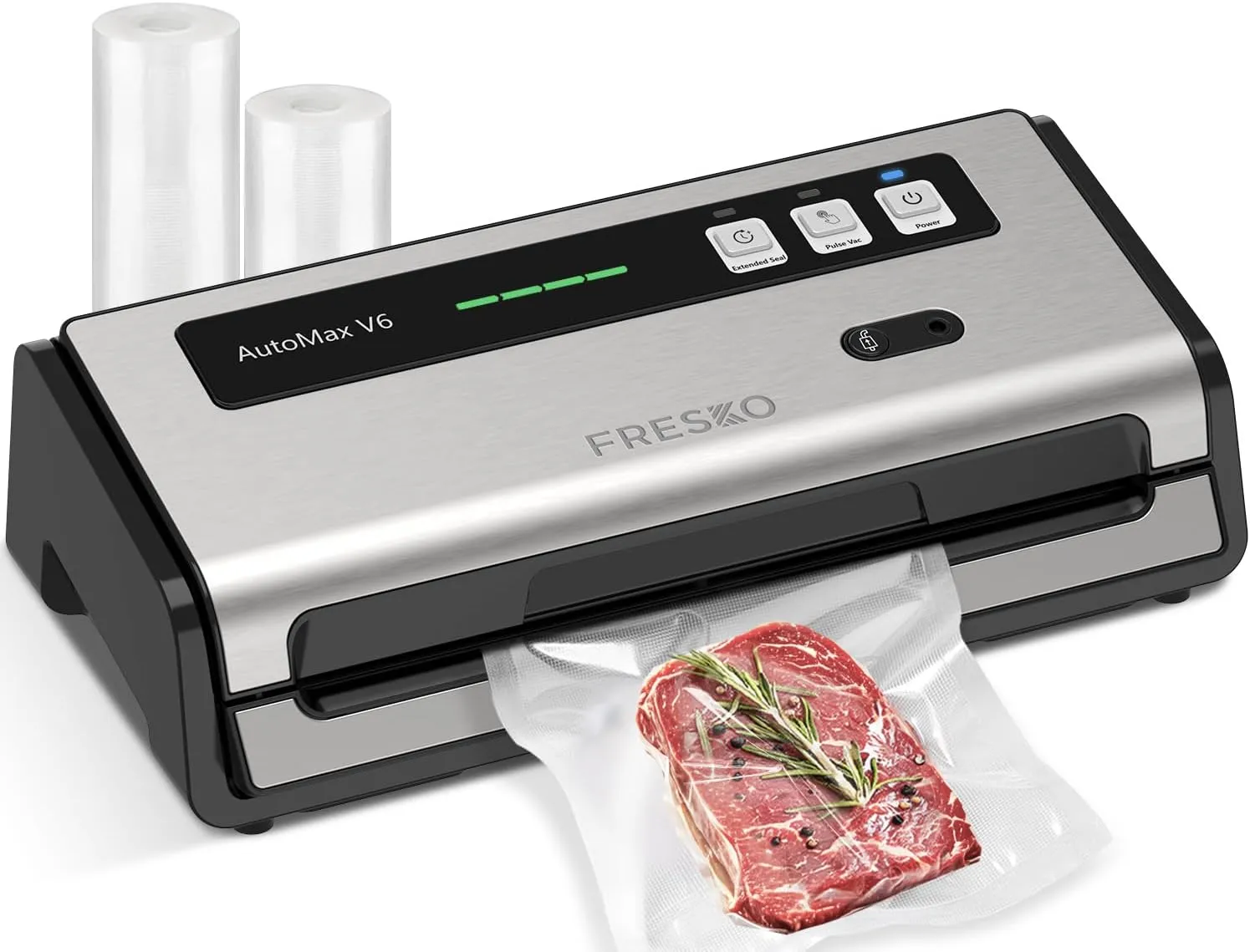 FRESKO Automatic Food Vacuum Sealer, Double Heat Seal, Auto Dry-Wet Detection | Bag Cutter | 2 Rolls Bags, Silver-Black, V6