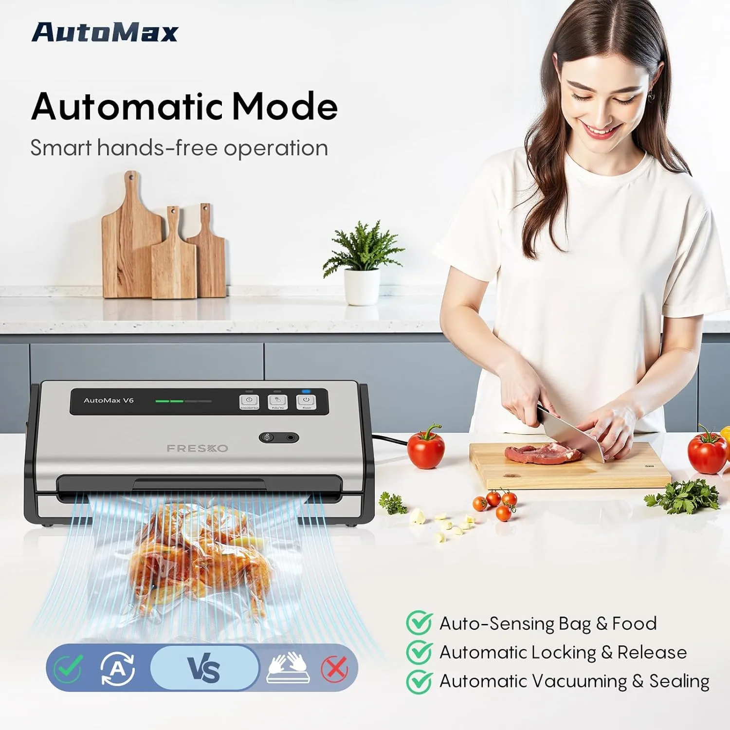 FRESKO Automatic Food Vacuum Sealer, Double Heat Seal, Auto Dry-Wet Detection | Bag Cutter | 2 Rolls Bags, Silver-Black, V6