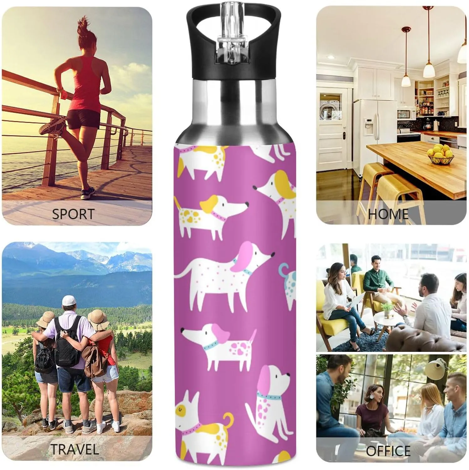 Funny Dogs Water Bottle with Straw Lid Double Wall Thermos Bottle Vacuum Insulated Flask Stainless Steel Water Bottle for Gym Outdoor 20 OZ