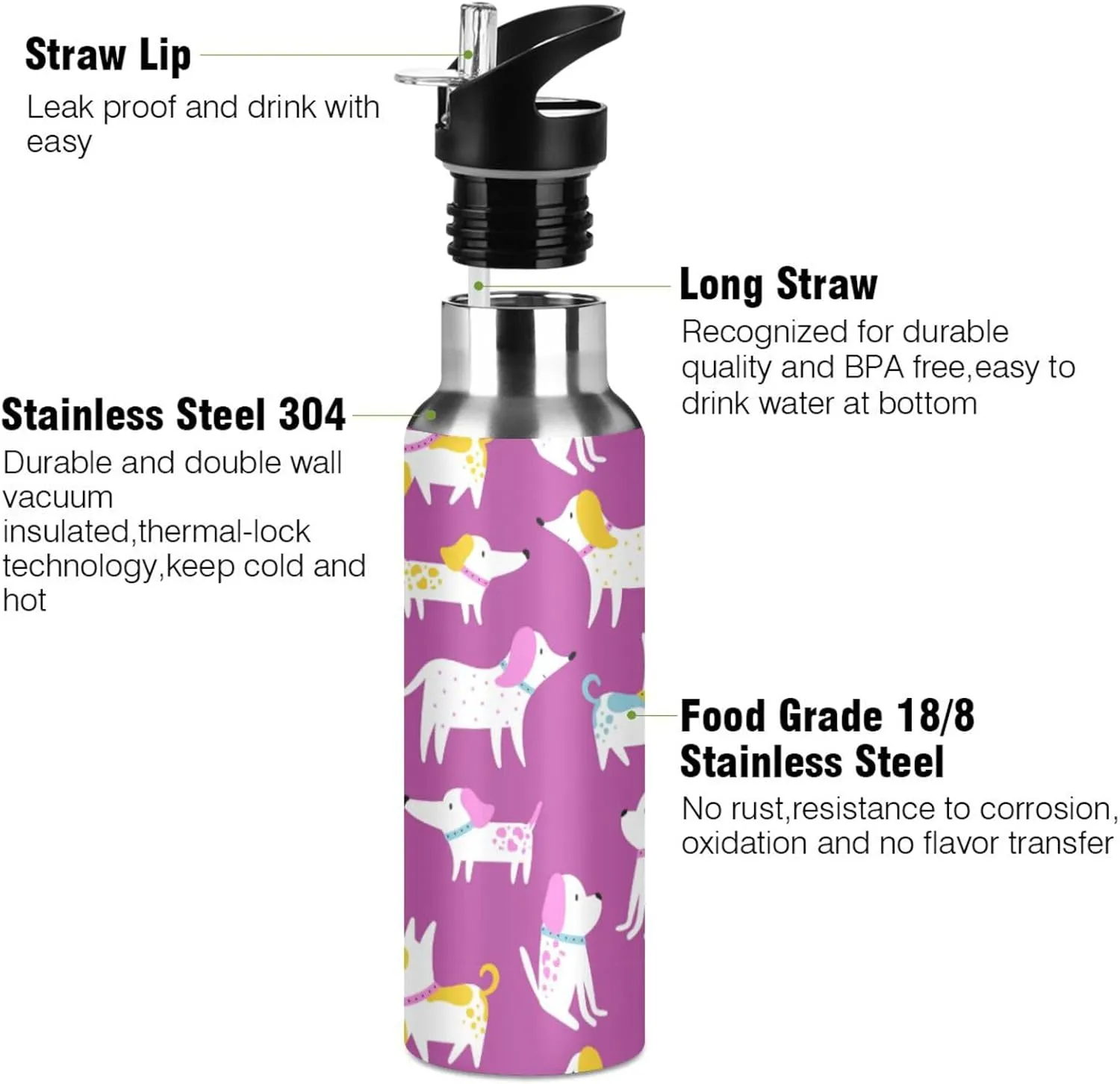 Funny Dogs Water Bottle with Straw Lid Double Wall Thermos Bottle Vacuum Insulated Flask Stainless Steel Water Bottle for Gym Outdoor 20 OZ
