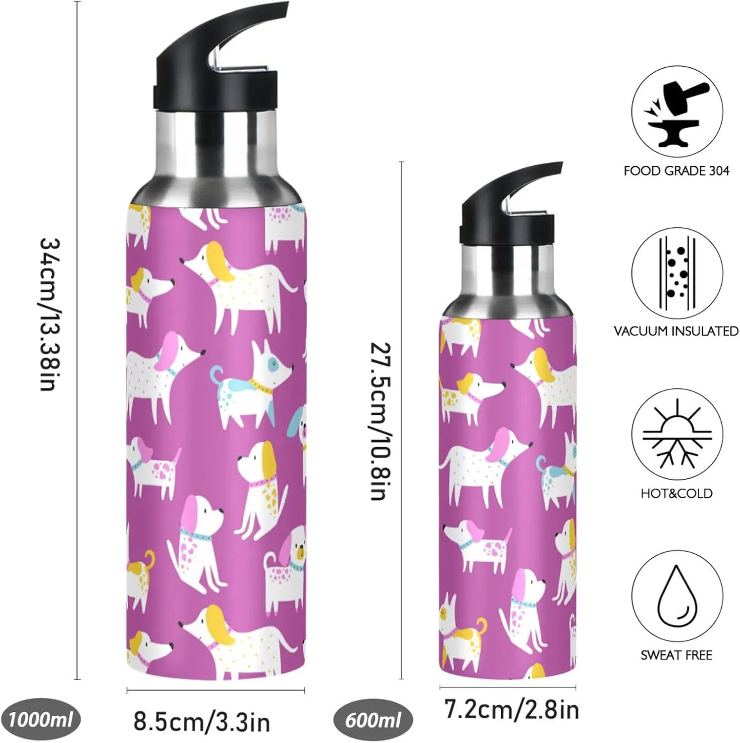 Funny Dogs Water Bottle with Straw Lid Double Wall Thermos Bottle Vacuum Insulated Flask Stainless Steel Water Bottle for Gym Outdoor 20 OZ