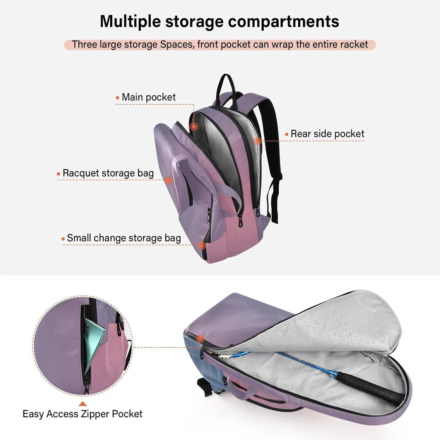 GAIGEO Blue Pink Gradient Pickleball Backpack, Multiple Storage Compartments Pickleball Bags, Foldable Racket Pocket