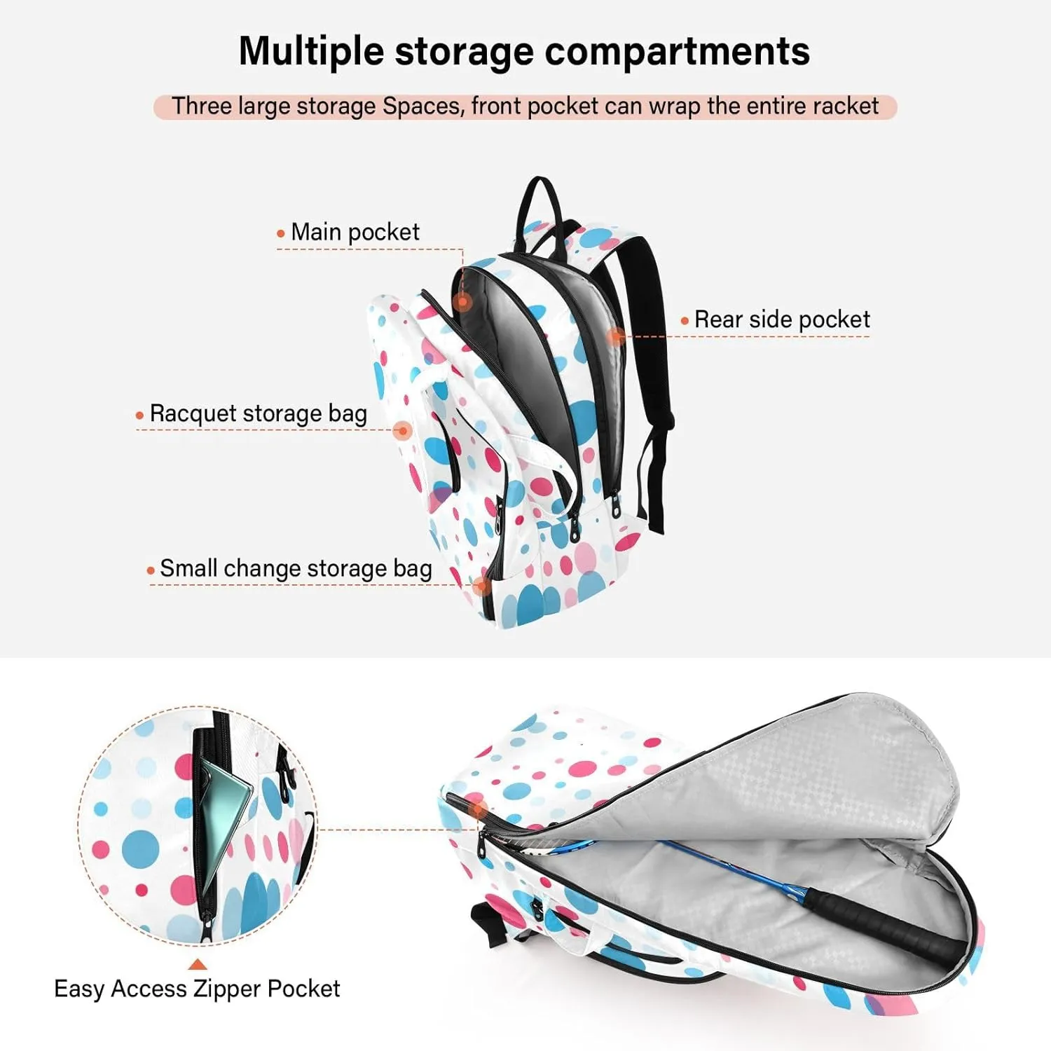 GAIGEO Blue Pink Gradient Pickleball Backpack, Multiple Storage Compartments Pickleball Bags, Foldable Racket Pocket