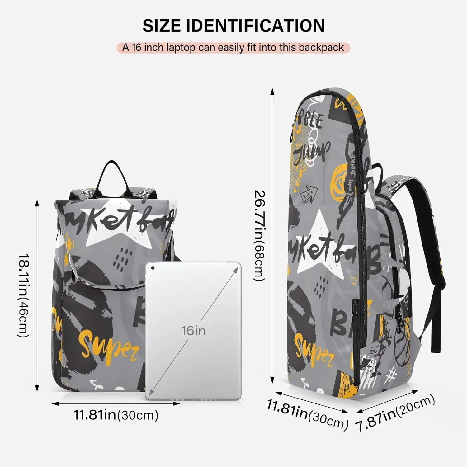 GAIGEO Cool Street Basketball Grey Tennis Backpack, Expandable Tennis Bag 2 Rackets, Sandwich Mesh Back, Breathable not Stuffy