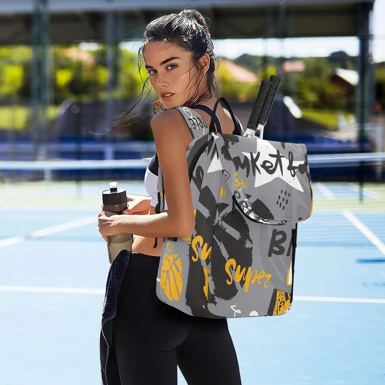 GAIGEO Cool Street Basketball Grey Tennis Backpack, Expandable Tennis Bag 2 Rackets, Sandwich Mesh Back, Breathable not Stuffy