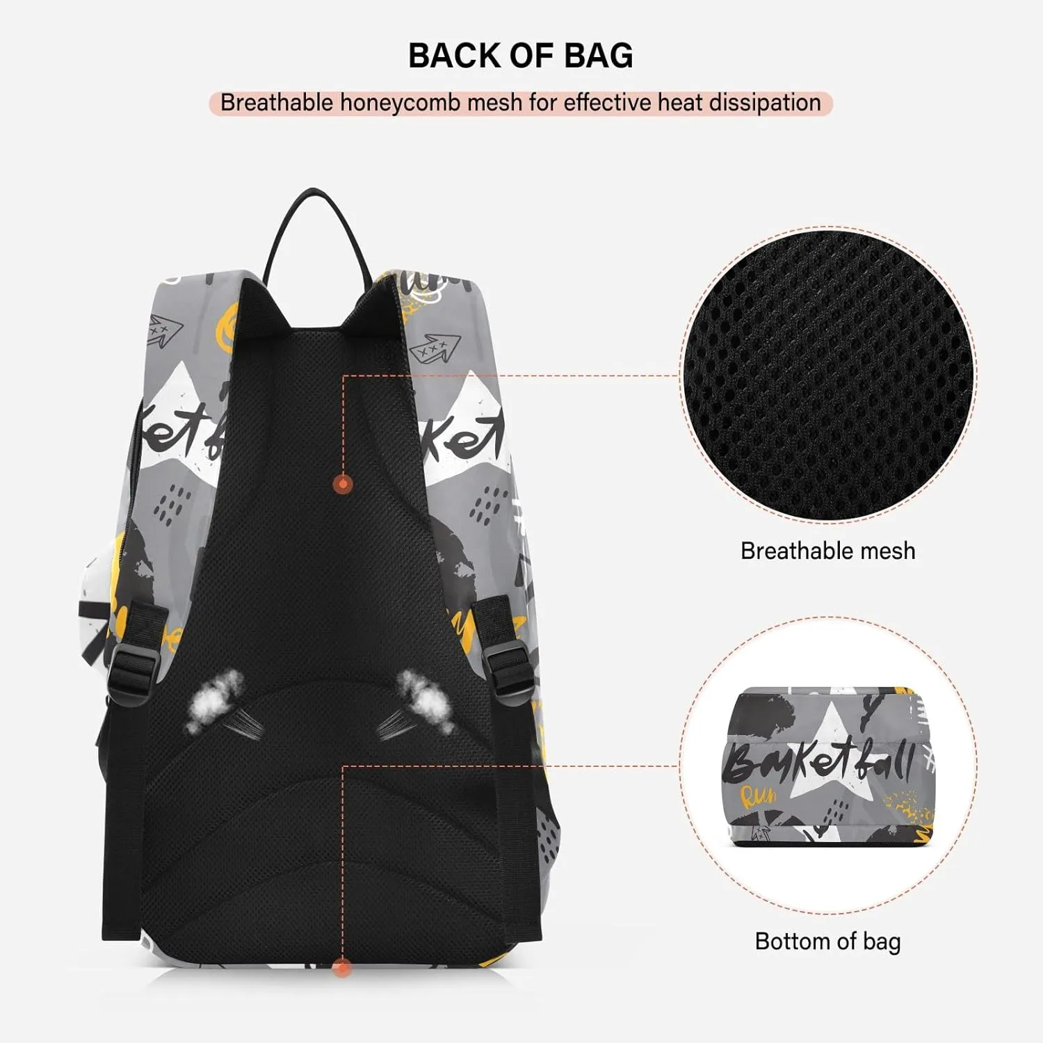 GAIGEO Cool Street Basketball Grey Tennis Backpack, Expandable Tennis Bag 2 Rackets, Sandwich Mesh Back, Breathable not Stuffy